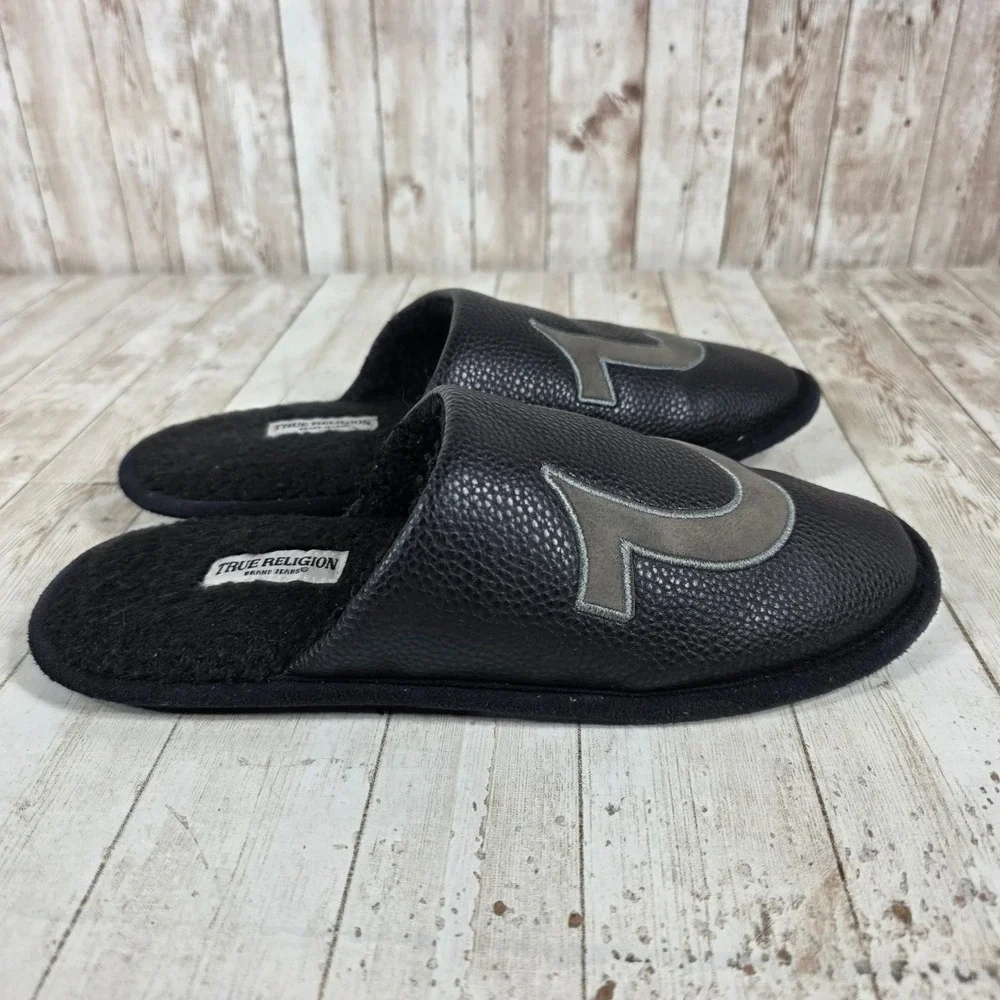 True Religion Men's Slippers Black Logo Comfort House Shoes Size M 9-10